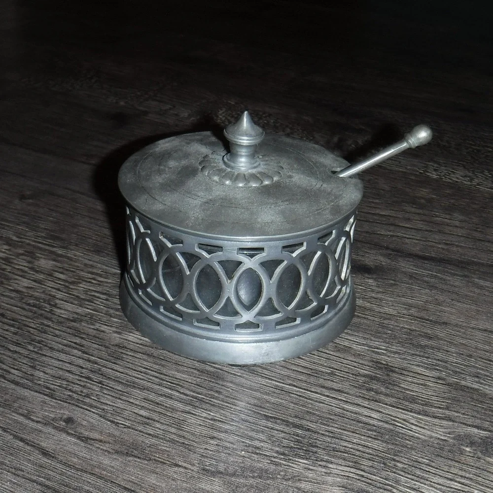 Vintage Pewter Sugar Bowl with Spoon Ornate‎ Lattice Lid